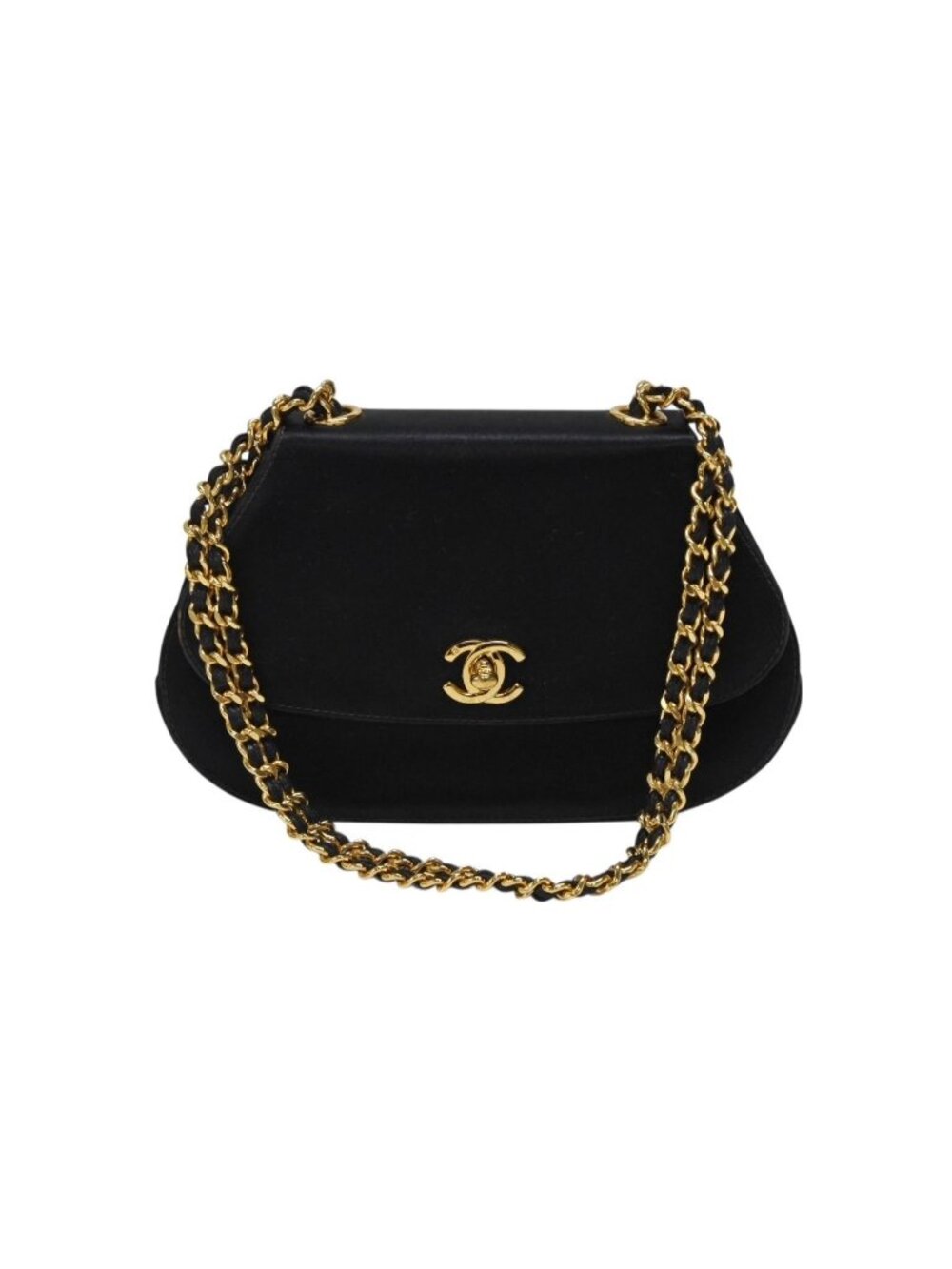 Chanel Half Moon Chain Bag CC Logo Satin Leather Black Gold